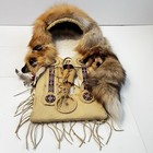 Vtg Native American Art Cradleboard Papoose Carrier 26x17 Beaded Fox Fur Doll