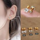 Surgical Steel Round Clear Cubic Zircon Stud Earrings Screw Back Men Women 2-6mm