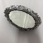 Silver Ornate Metal Mirror Floral Oval Vanity perfume jewelry Footed Tray