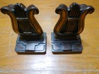 Antique Spelter Pair Bookends   Lyre Design Brass Plated    3992
