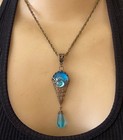 Vintage Necklace Art Nouveau Brass Filigree Antique Aqua Cabochon Pendant