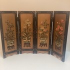 Vintage Asian 4 Panel Carved Lacquer Tabletop 4 Panel Hand Painted Screen