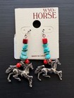 Silver Western Cowgirl Horse Drop Earrings With Turquoise And Coral Stone Beads