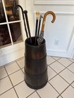 Antique English Dark Oak Hand Banded Stave Barrel Umbrella Stick Stand 19c