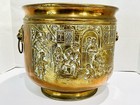 Antique 1920   s Brass Pot With Repouss   Tavern Scene lion Handle-england