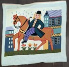 Pair Of Vintage Folk Art Needlepoint Tapestries Men On Horse Completed Finished