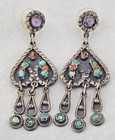 Vtg Matilde Poulat Style Sterling Silver Earrings Turquoise  Coral   Amethyst