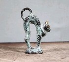 Antique Miniature Brass   Bronze Statue - Stretching Playing Pouncing Cat 2 