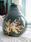 Antiq Japanese Meiji Metal Vase Applied Gold Silver Mums Verdigris Green Signed