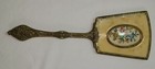 Vintage Victorian Floral Embroidered  Brass Boudoir Vanity  Long Handle  Mirror