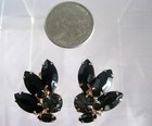 Sapphire Blue And Black Rhinestones And Gold Tone Earrings Clip Ons Vintage