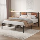 Full Queen King Size Metal Bed Frame With Wooden Headboard Heavy Duty Platform