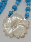 Lee Sands Mop Carved Hibiscus Flower Pendant Blue Gemstone Beaded Necklace