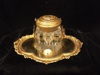 Antique Vtg Ornate Pressed Brass Inkwell W Glass Ink Pot   Cap Chain Pen Holder