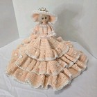 Vintage Pre-owned 15  Doll Hand Crocheted Peach   White Dress   Hat Handmade