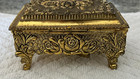 Sankyo Vintage Musical Jewelry Trinket Box   Gold Tone Roses Raised Decor Japan