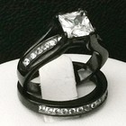 Womens Engagement Wedding Ring Set Stainless Steel Black Ip Plated  princess Cz