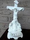 Antique French Bisque Porcelain Holy Water Font Crucifix Angels Rare 19thc
