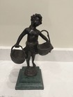 Pair Of Antique Suzanne Bizard Style Bronze Figural Sculptures Of Girls With Bas