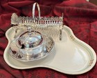 3 Piece Service Silverplate Caviar butter Dish  Cracker Tray On Porcelain Plate