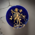 Antique 1920s French Cobalt Blue Ceramic Plate Mounted Bronze Cherub floral Band