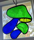 Vintage Retro Leaded Stained Glass  sun Catcher Green blue Mushroom Mushrooms 5 