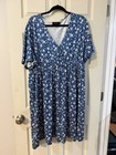 Amzplus Women   s Plus 3xl Blue white Floral V-neck Short Sleeve Maxi Dress
