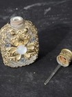 Czech Vtg Ornate Gold Tone Metal With Blue Cabochon Perfume Bottle