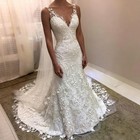 Mermaid V Neck Wedding Dress Backless Lace Court Train Custom Size Bridal Gowns