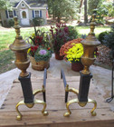 Antique Vintage Black Cast Iron And Brass Fireplace Andirons Claw Feet