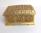 Heavy Vintage Gold Gilt Jewelry Trinket Box Repousse Flowers   Roses Very Good