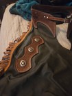 Adult Western Chaps Black Leather Brown Suede Fringe Metal Heart Decoration