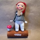 Vintage Christmas Pixie Elf On Log W  Red Mushroom Ornament Kitsch Japan Gnome 