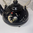Vintage Asian Red-ware Black Glazed Hand Painted Rooster Wire Handle Tea Pot