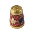 Vintage Cloisonn   Style Thimble Gold Tone Red Floral Enamel Sewing Collectible