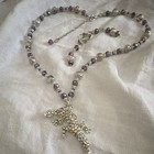 Crystal Lizard Pendant Adjustable Necklace   Earrings Set  Silver Purple Clear