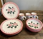 Vintage Pink Rose Spatterware Cottage Dinnerware Set 11 Pc Plates Bowls Mugs
