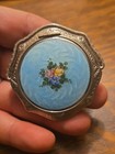 Vntg Art Deco  Guilloche Enamel Powder Compact With Basket Handle 1930 s 