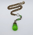 Antique Vintage Brass Blown Art Glass Y Drop Pendant Necklace Green Victorian