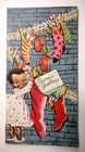 Christmas Greeting Card Little Girl Stockings Tree Vintage Mid Century Modern