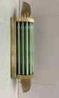 Pair Of Art Deco Skyscraper Wall Sconces - Antique Brass Green Milk Glass Light