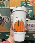 Starbucks Peanuts Snoopy Pumpkin Insulated Thermos Coffee Cup Mug 16 Oz In Hand