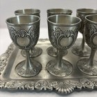 6 Vintage Oxford Hall Pewter Goblets Set Of 6 With Tray Silver Made In Japan