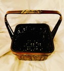 Basket Medium Woven Brown Wicker With Squared Handle And Green Wash Coloring