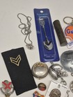 Mans Junk Drawer Trinket Lot Pins Patches Keychains Military 