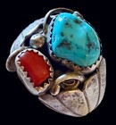 Bold Vintage C1970s Navajo Sterling Silver Turquoise Coral Men   s Ring - Size 13