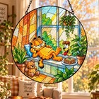 Lazy Orange Cat Stained Glass Suncatcher Funny Pet Window Hanging Home Decor