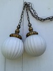 Vtg Mid Century Modern Space Age White Orb Glass Hanging Swag Lamps Retro 1960 s