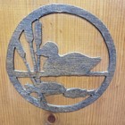 Vtg Wooden Umbrella Stand Magazine Rack Heart Handles Duck Scene Country Decor