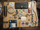 Junk Drawer Lot Old Buck Pocket Knife Old Coins Old Stamps Jewelry Old Yale Lock